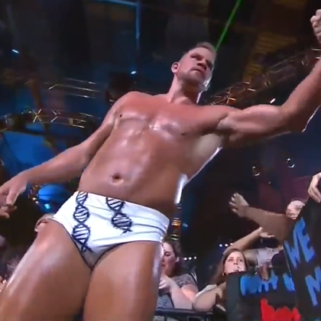 Matt Morgan showing off his goods to the crotch cam under the pretext of fist-bumping some fans